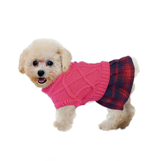 Knit Dog Sweater Stitching Classic Plaid Skirt